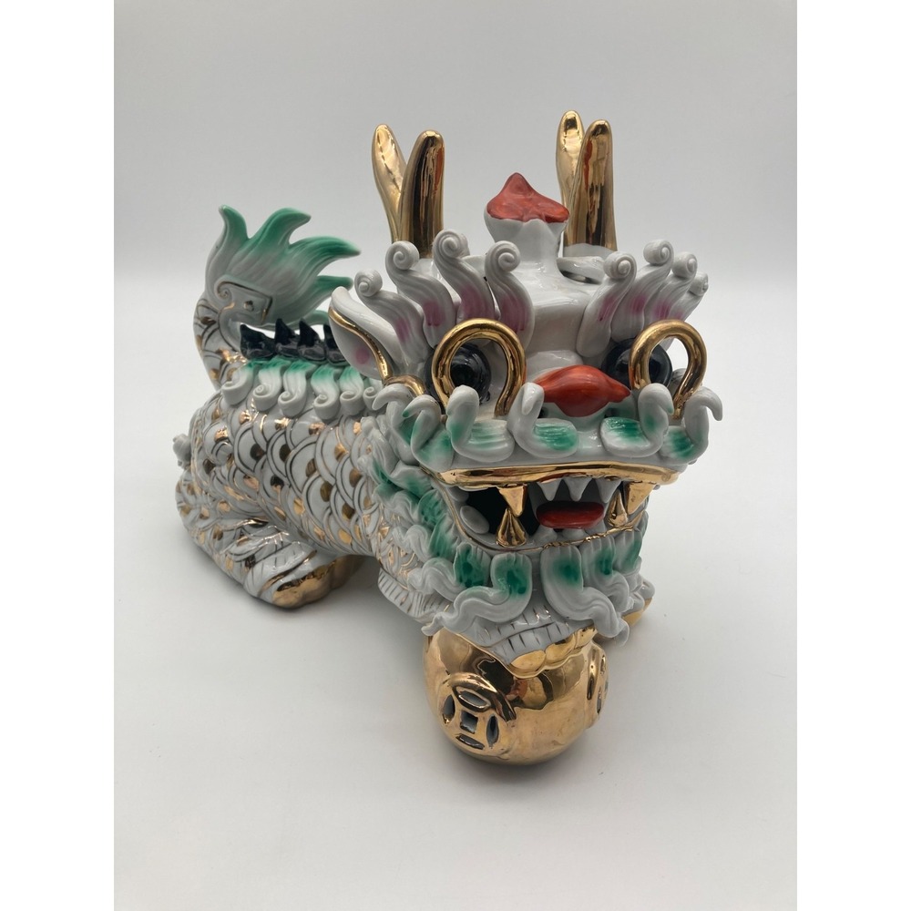 Vintage Chinese Porcelain Qilin Kirin Statue Gold Gilt Foo Dog Figurine